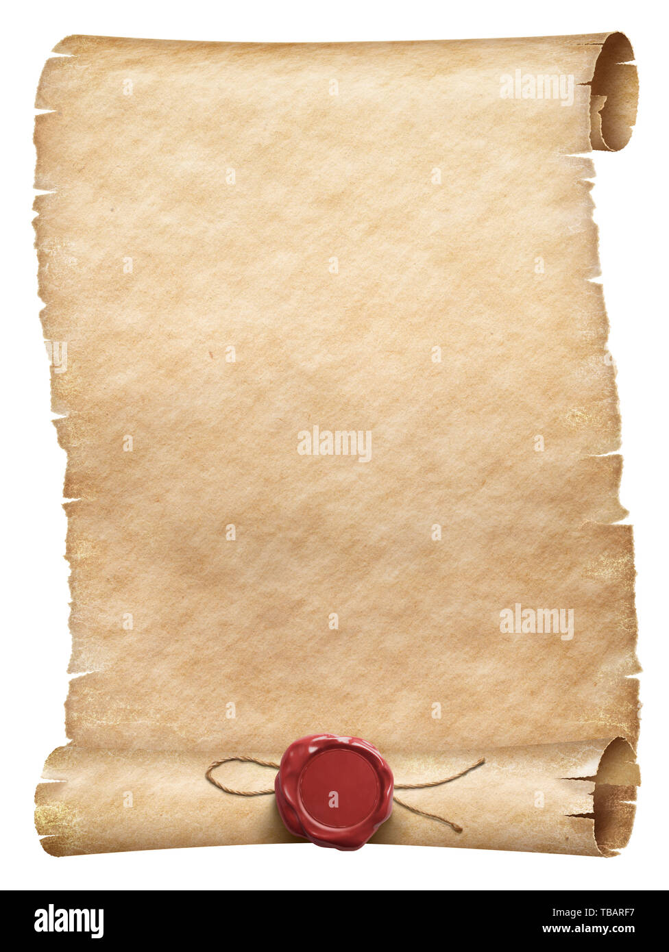Old parchment scroll with wax seal with thread isolated Stock Photo