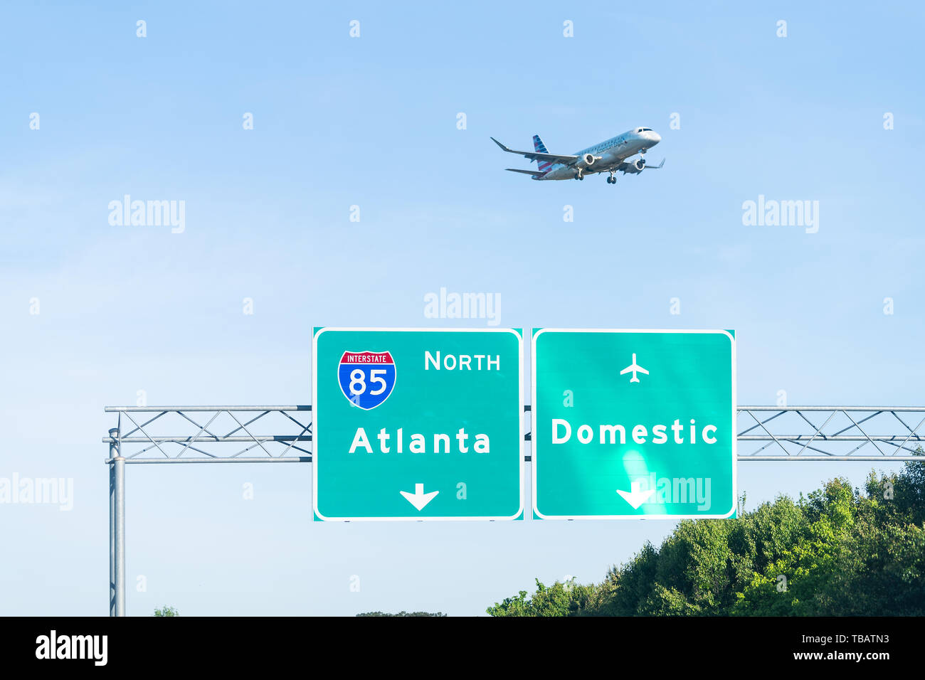 Atlanta, USA - April 21, 2018: Interstate 85 north highway road street during day in capital Georgia city closeup of green sign for downtown direction Stock Photo