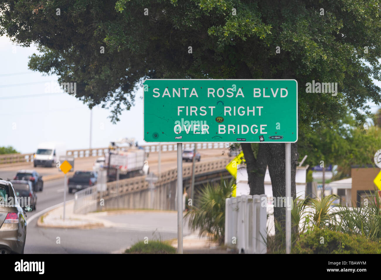 Fort Walton Beach, USA - April 24, 2018: Green road sign for Santa Rosa Blvd boulevard street in Florida Panhandle city, town in Gulf of Mexico at Eme Stock Photo