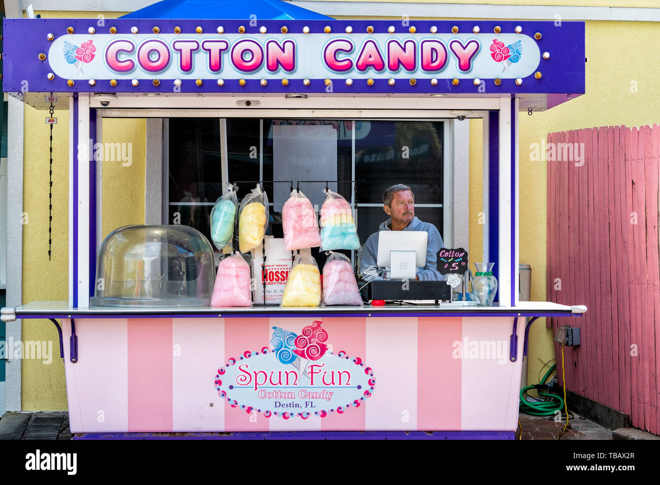 Destin, USA April 24, 2018 Spun fun cotton candy kiosk stall or