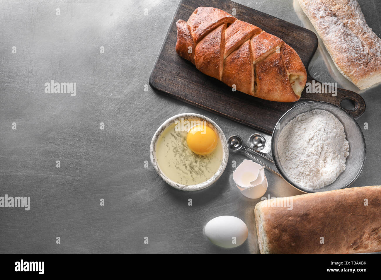 Bakery products with ingredients on table Stock Photo Alamy
