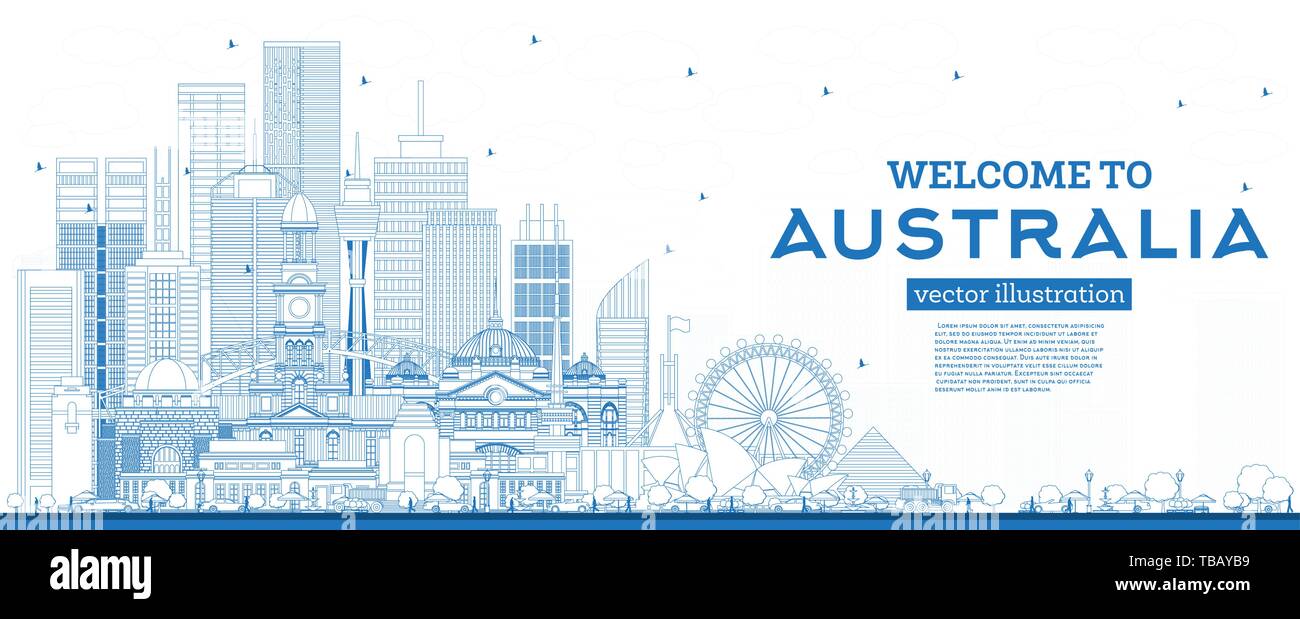 Outline Welcome to Australia Skyline with Blue Buildings. Vector Illustration. Tourism Concept with Historic Architecture. Australia Cityscape. Stock Vector