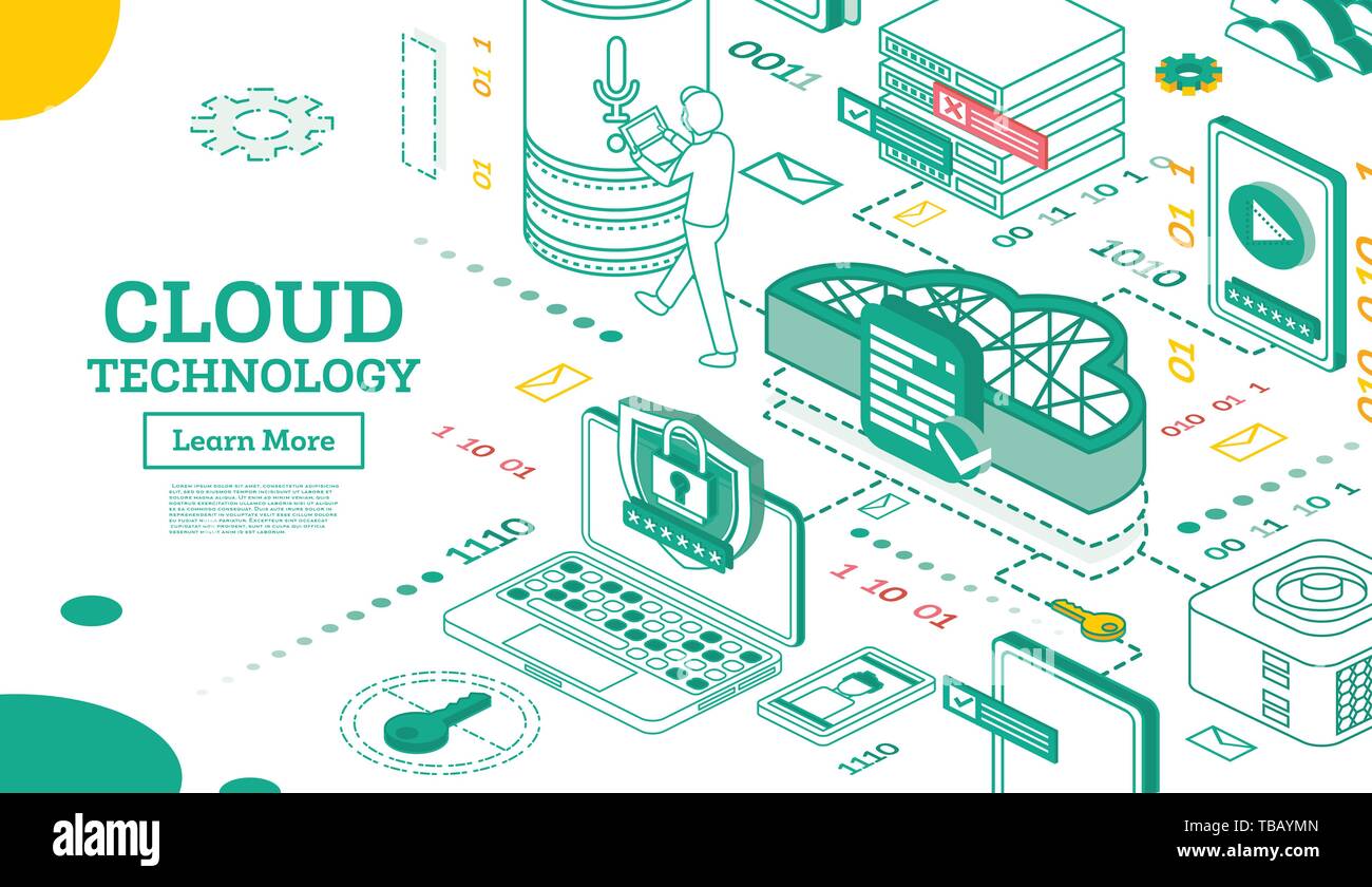 Outline Isometric Cloud Technology Networking Concept. Vector Illustration. Internet Data Services. Computing Online Storage. Cloud Platform. Stock Vector