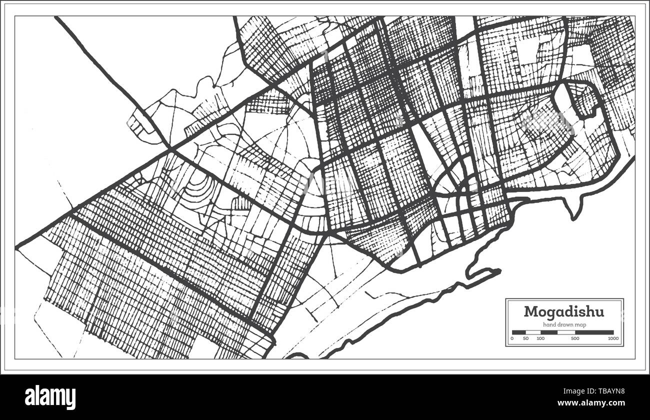 Mogadishu Somalia Map in Black and White Color. Vector Illustration. Outline Map. Stock Vector