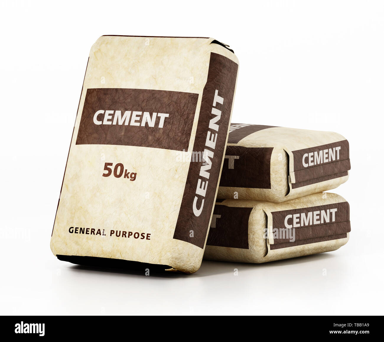 Cement bags with generic package design isolated on white background. 3D illustration. Stock Photo