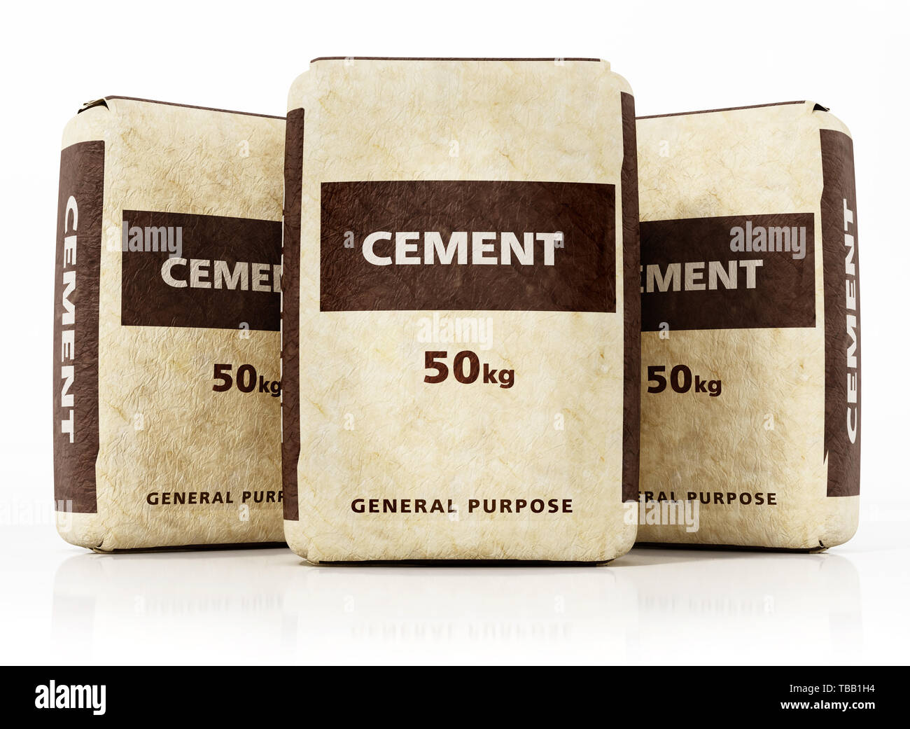 Cement bags with generic package design isolated on white background. 3D illustration. Stock Photo