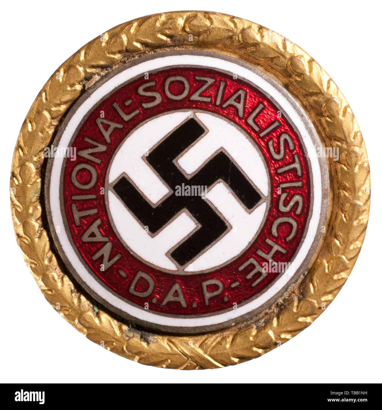 THE JOHN PEPERA COLLECTION, A Golden Party Badge of the NSDAP in 30 mm, Deschler produced gilt Tombak with inset silver-plated, enamelled party badge. Party member number "94711" on reverse with stamped "GES. GESCH." above decorated buttonhole tab., Editorial-Use-Only Stock Photo