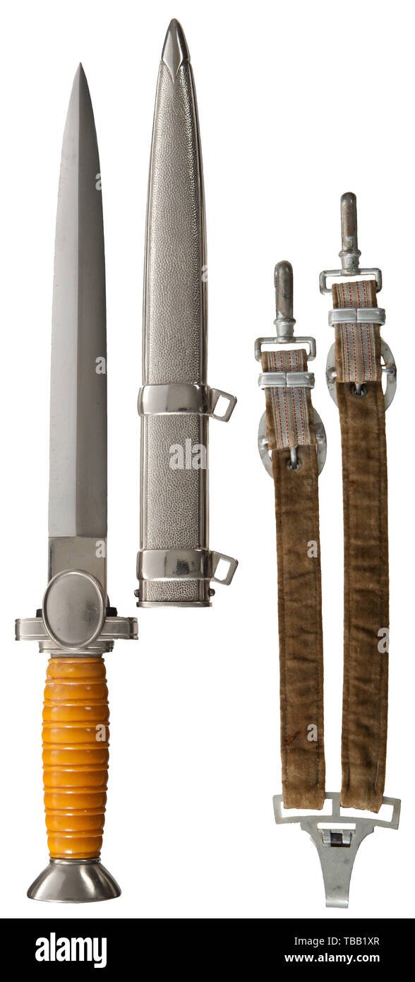 THE JOHN PEPERA COLLECTION, A M 1938 Dagger for Leaders of the German Red Cross, with Hanger, Unmarked polished blade. Nickel-plated crossguard and pommel with orange-coloured celluloid grip (glue residue on reverse). Nickel-plated steel scabbard. Dress hanger of tan velvet backed woven tan fabric with interwoven stripes of silver and red complete with smooth aluminium oval buckled fittings. Length 38 cm., Editorial-Use-Only Stock Photo