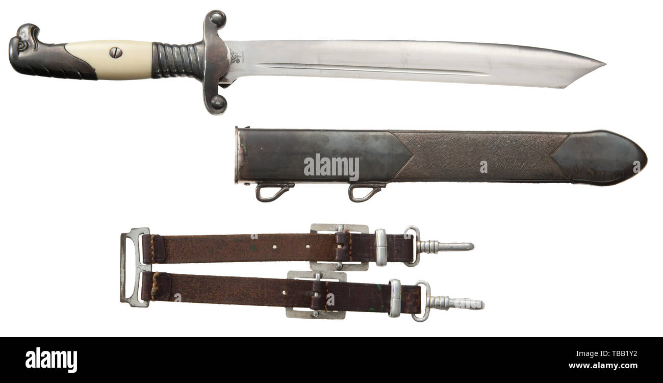 THE JOHN PEPERA COLLECTION, A M 1937 Hewer for RAD Leaders, with Leather Hanger, Maker Carl Eickhorn, Solingen. Hewer blade with etched motto and manufacturer's 1935-41 logo. Silver-plated hilt (tarnished), white plastic grip plates retained by a single reverse screw. Silver-plated (tarnished) steel scabbard. Service hanger of brown leather with aluminium fittings. Upper reverse clip stamped with Assmann logo 'A'. Length 40 cm., Editorial-Use-Only Stock Photo