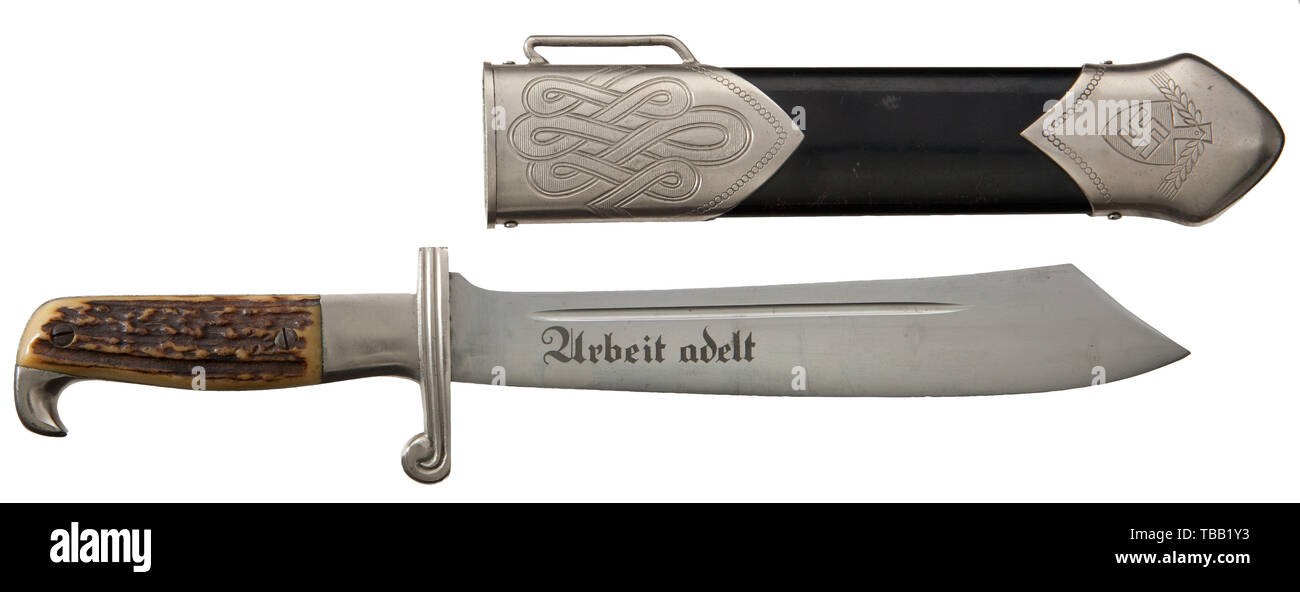 THE JOHN PEPERA COLLECTION, A M 1934 Hewer for Enlisted Men/Junior Leader of the RAD, Maker Carl Eickhorn, Solingen. Heavy hewer blade (light aging and scratching) with etched motto, manufacturer's 1935-41 logo and RAD acceptance 'Ges. Gesch.'. Nickel-plated hilt with staghorn grip plates. Black lacquered steel scabbard with nickel-plated fittings. Length 40 cm., Editorial-Use-Only Stock Photo