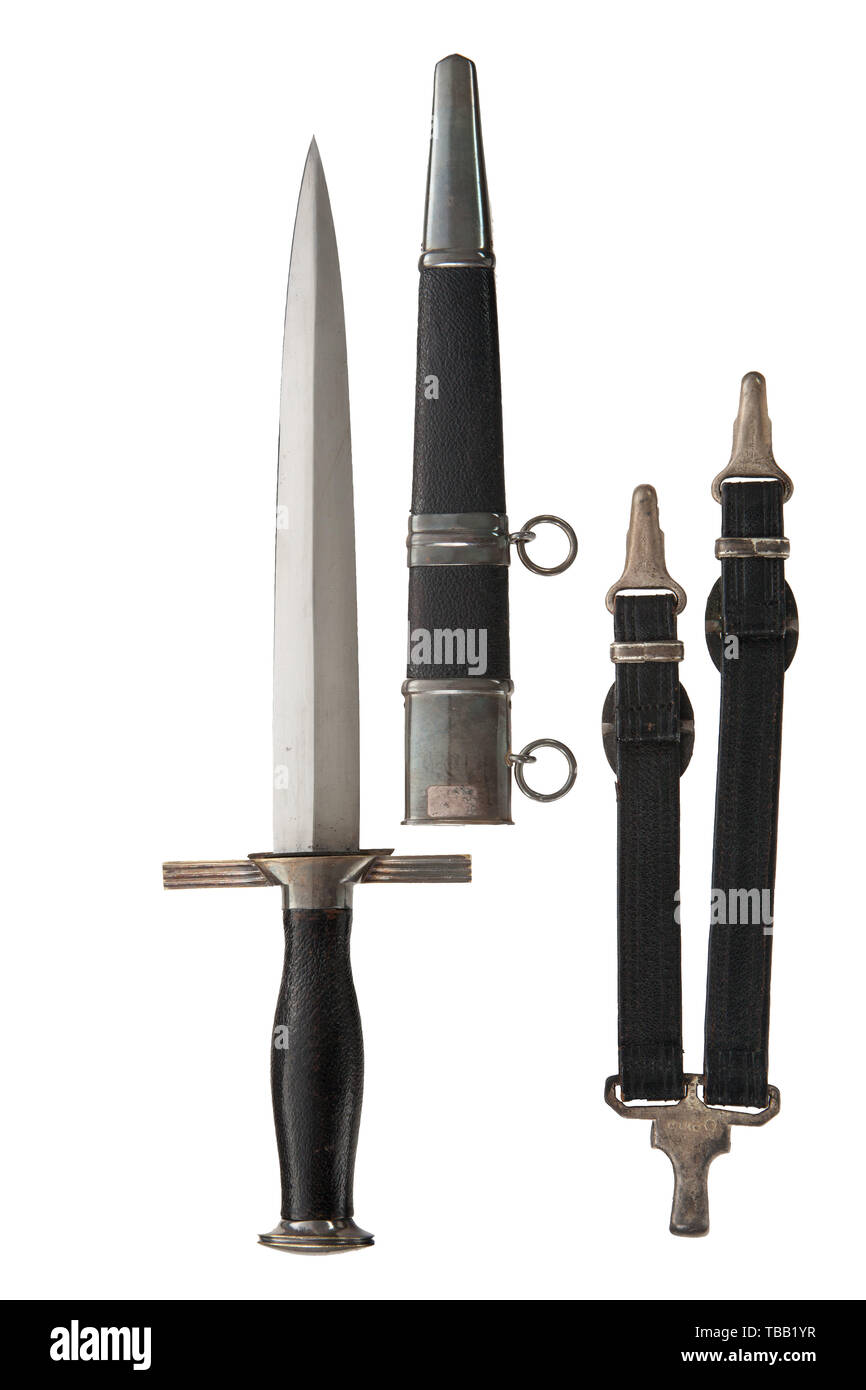 THE JOHN PEPERA COLLECTION, A M 1938 Dagger for Leaders of the RLB, with Leather Suspension Hanger, Maker Paul Weyersberg & Co, Solingen. Polished blade with etched manufacturer's logo. Silver-plated pommel and crossguard (tarnished). Black leather-covered grip with enamelled emblem (damaged). Black leather covered steel scabbard with silver-plated fittings (tarnished). Black leather suspension hanger with silvered alloy fittings. Upper clip marked with raised 'RZM (double circle) M5/10' and 'DRGM'. Each lower clip marked with a raised 'D.R.G.M' Length 38 cm., Editorial-Use-Only Stock Photo