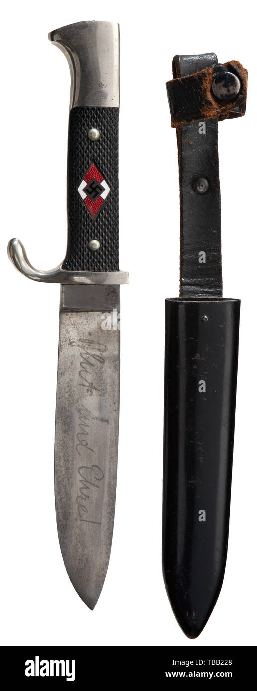 THE JOHN PEPERA COLLECTION, A Hitler Youth Knife with Motto Etching, Maker  M7/27, 1938, Puma, Solingen. Polished blade (wear and greying) with etched  motto, manufacturer's logo and "RZM M7/27 1939". Nickel-plated hilt