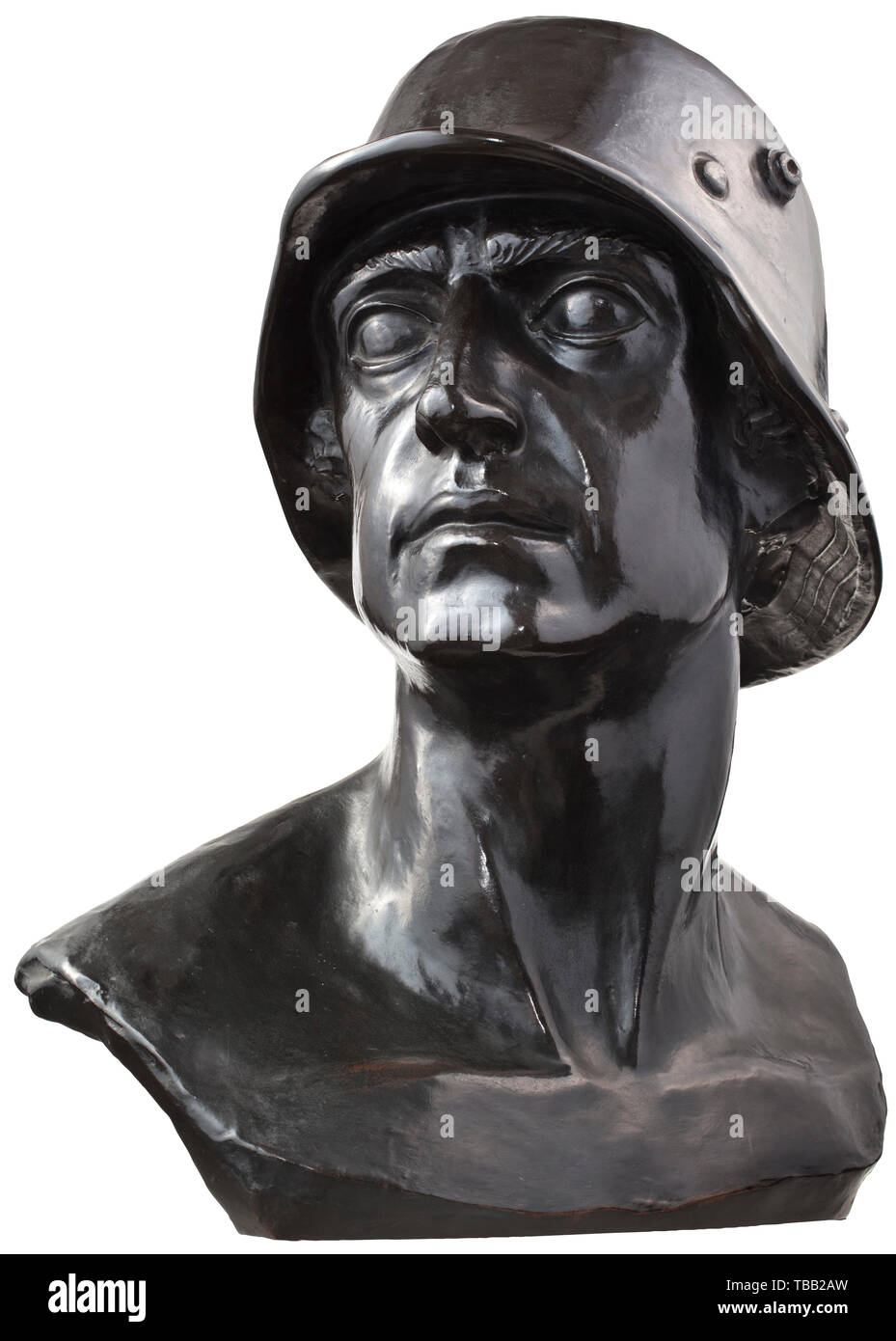 A large portrait bust of a front line solider, Larger than life sized, bronze-colour tinted electrotyping with an expressive depiction in classical style of a fighter looking to the right, wearing a World War I steel helmet. Signed 'Fritz Zimmer 1917', manufacturer's mark 'Abt. für Galvanoplastik Geislingen-St.'. Height ca. 52 cm. historic, historical 20th century, Editorial-Use-Only Stock Photo