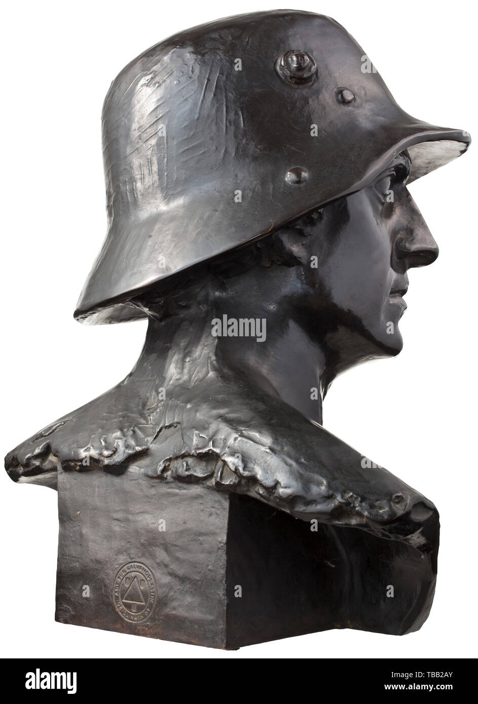 A large portrait bust of a front line solider, Larger than life sized, bronze-colour tinted electrotyping with an expressive depiction in classical style of a fighter looking to the right, wearing a World War I steel helmet. Signed 'Fritz Zimmer 1917', manufacturer's mark 'Abt. für Galvanoplastik Geislingen-St.'. Height ca. 52 cm. historic, historical 20th century, Editorial-Use-Only Stock Photo