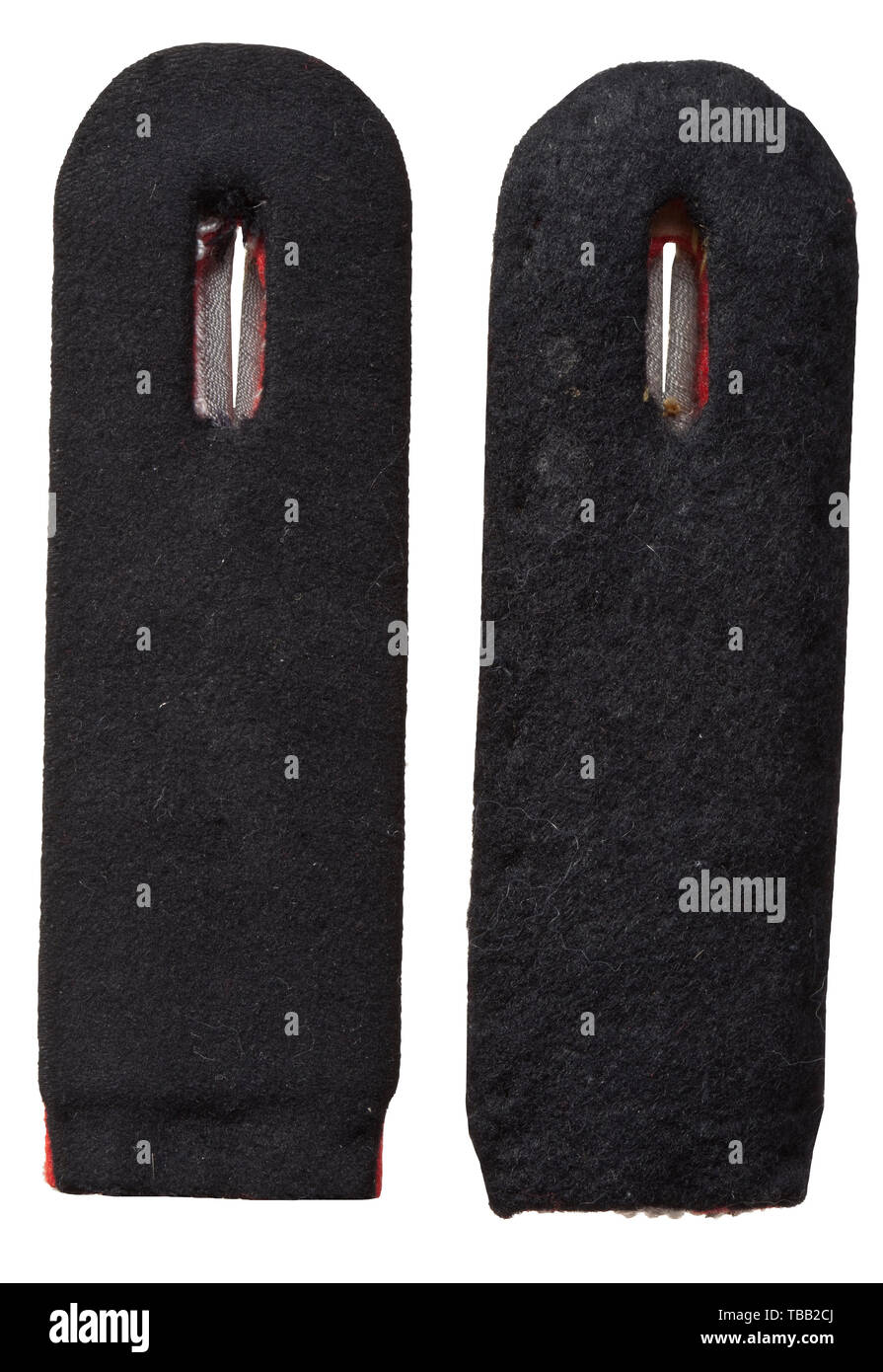 Two shoulder boards 'Untersturmführer' of the artillery Red piping, sew-in type, slightly used. historic, historical, 20th century, 1930s, 1940s, Waffen-SS, armed division of the SS, armed service, armed services, NS, National Socialism, Nazism, Third Reich, German Reich, Germany, military, militaria, utensil, piece of equipment, utensils, object, objects, stills, clipping, clippings, cut out, cut-out, cut-outs, fascism, fascistic, National Socialist, Nazi, Nazi period, Editorial-Use-Only Stock Photo