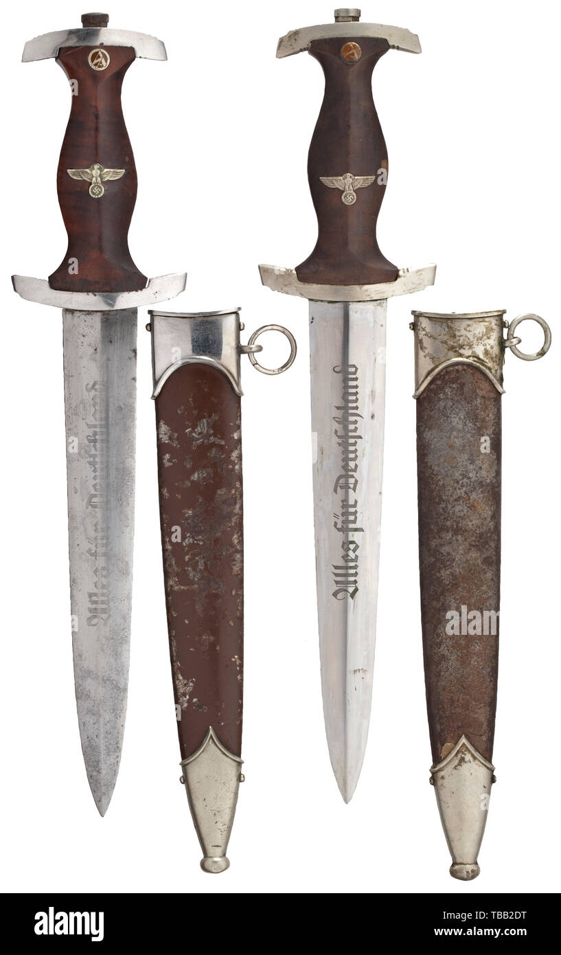 Nazi Germany, Sturmabteilung (SA), equipment, two service daggers M33, SA Group Hesse, made by Herder und Engels, with scabbards, Editorial-Use-Only Stock Photo