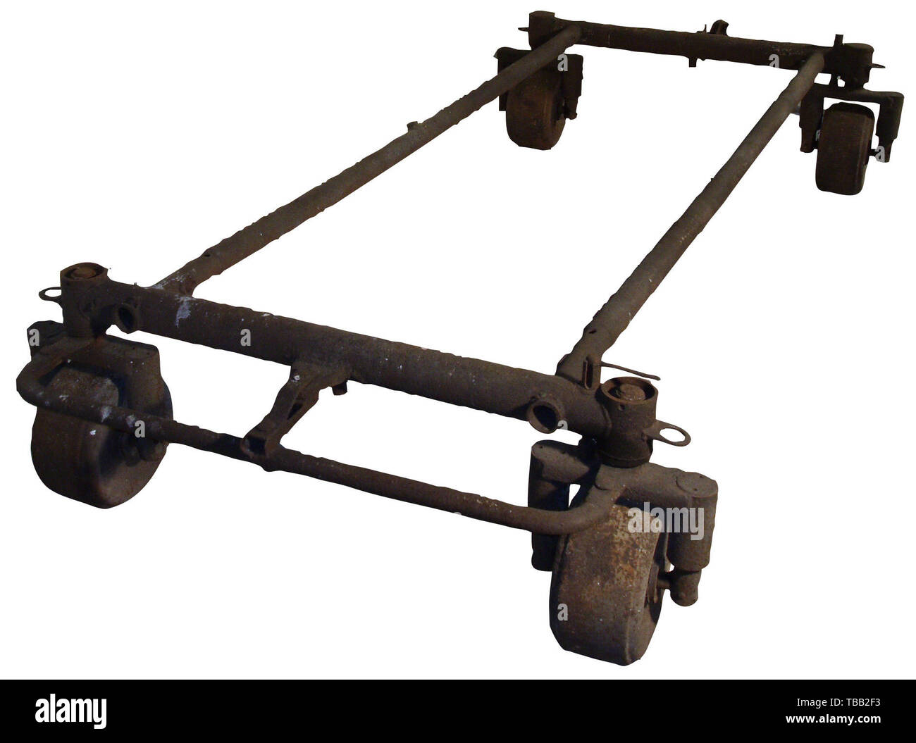 A transport dolly 76A for the V1 Reichenberg Large, rectangular welded tubular steel rack (corroded), the corners with four fork-mounted, pivotable steel wheels. Drawbar attachment present, drawbar and missile support missing. Traces of age. Dimensions ca. 315 x 145 x 52 cm. Most of the 54 Reichenberg assemblies were manufactured in 1944/45 in Neu Tramm near Dannenberg on the Elbe, and were appropriated by the U.S. Army on 23 April 1945 (cf. Jochen Tarrach, Ein Hauch von 'Tausend Jahren', Lüchow 1988). The transport racks were partly left behind. Offered here is a very rare, Editorial-Use-Only Stock Photo