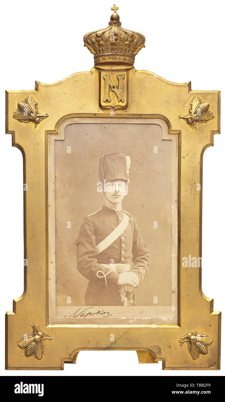 A gift frame Napoléon EugÃ¨ne Louis Bonaparte (1856 - 1879) 'Napoléon IV' Portrait photograph in the uniform of an officer of the Royal Horse Artillery with handwritten ink signature. The corners of the brass frame with applied Bonaparte bees (partially somewhat damaged), the top with screw-mounted crowned monogram 'N'. Dimensions 17 x 28 cm. As a result of the defeat in the Franco-German War, Prince L. Bonaparte had to go into exile to England and volunteered as an officer in the English army, serving in the Zulu War in South Africa. While patro, Additional-Rights-Clearance-Info-Not-Available Stock Photo