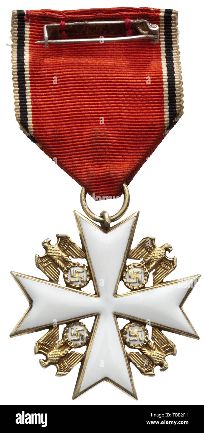 An Order of the German Eagle 3rd Grade of the 1st model The cross of the order in white enamel with fineness mark '900' punched in the lower cross arm, bearing four national eagles between the cross arms. Suspended from a plain wire eyelet with suspension ring, and thus not exhibiting the segmented fanned eyelet common to the later 2nd model. The cross arm edges bear the ancillary engraved linear borders found only on the 1st model. The eagles sharply embossed and with well-preserved gilding. Light signs of usage on the original ribbon with pin. 1st model Orders of the Germ, Editorial-Use-Only Stock Photo