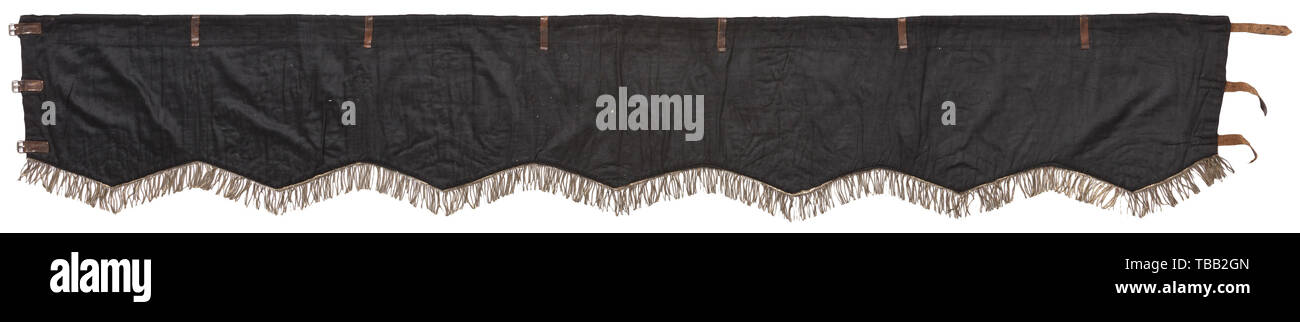 A large kettledrum cloth Black velvet with continuous silver fringes, light-coloured shiny ribbons, laurel branches, black and white national eagle with silver interweaves flanked by embroidered ciphers of the Infantry Regiments 25, 78, and 39. Black cotton lining, six leather loops at back, three leather straps with iron buckles. Signs of age and usage. Length circa 200 cm. Rare. historic, historical, infantry, military, armed forces, militaria, object, objects, stills, clipping, clippings, cut out, cut-out, cut-outs, 20th century, Additional-Rights-Clearance-Info-Not-Available Stock Photo