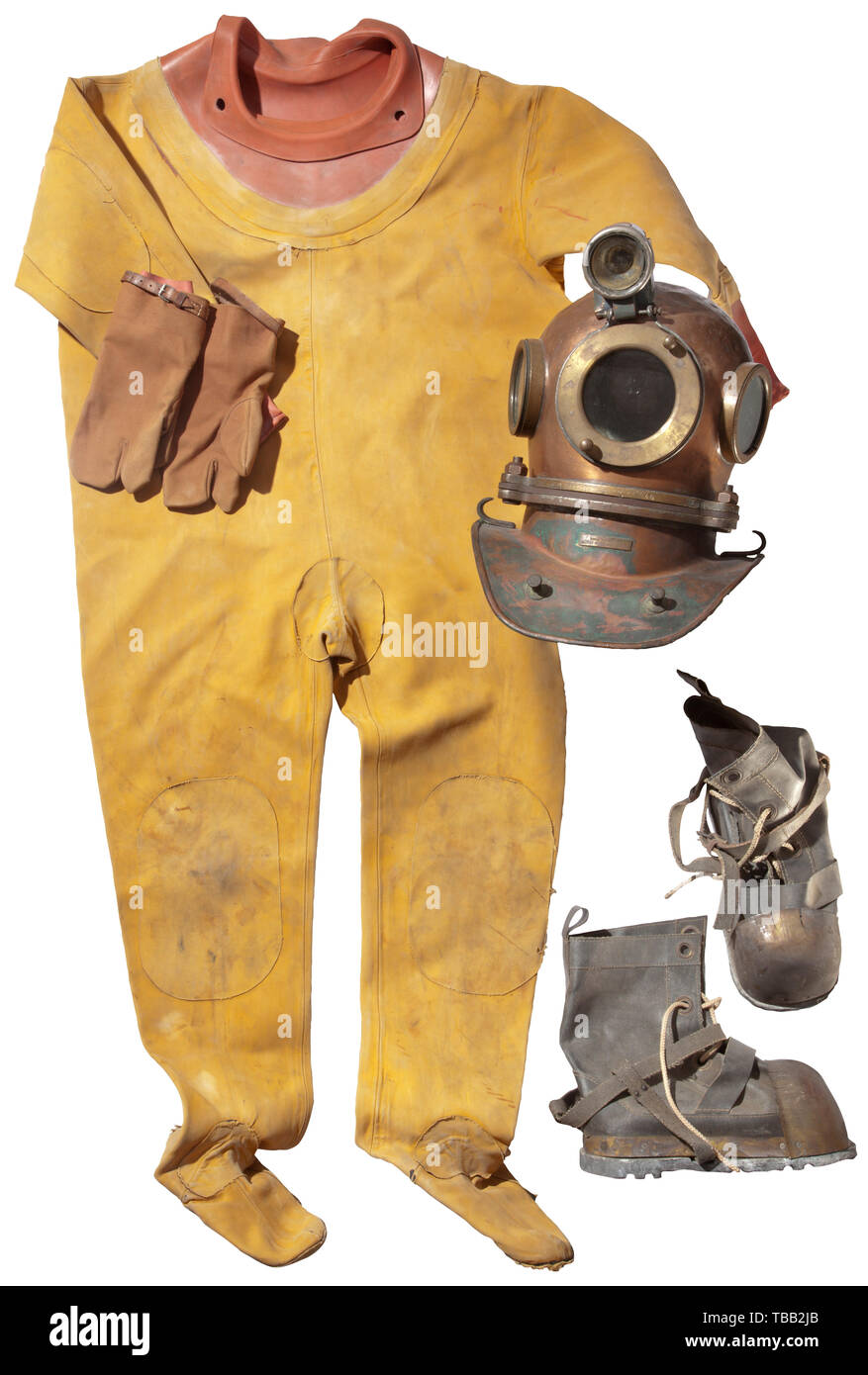 A Russian diving suit Helmet dated 1946. Copper diving helmet with screw-mounted three bolt-system, three brass helmet windows and mounted diving lamp. Helmet and collar with different numbers, the helmet stamped with the date '1946'. Diving suit of rubberised fabric with gloves, the weighted shoes with lead sole and lace fastening. Top of the helmet slightly dented. Height of helmet with collar and lamp 52 cm. historic, historical, 20th century, Additional-Rights-Clearance-Info-Not-Available Stock Photo