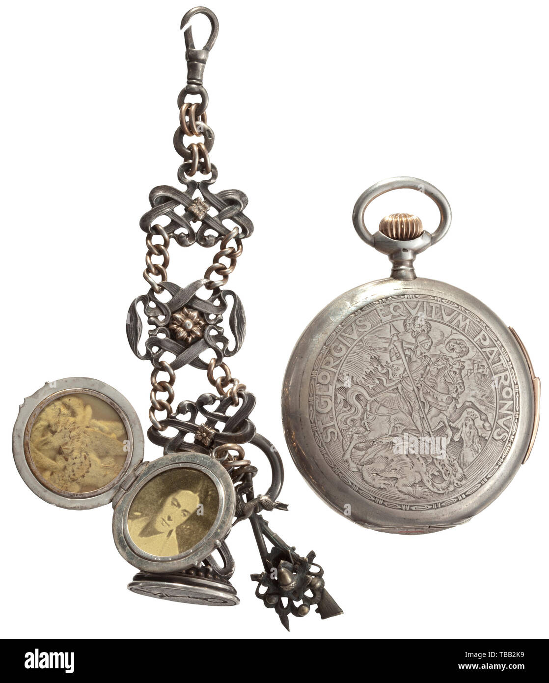 Hermann Göring - a presentation pocket watch from Carin Göring, 1924 Silver watch with hunter case from the workshop of Gustav Schulze, court watchmaker in Munich. High-quality, movement mounted with rubies, with hour repeater. On the front a finely engraved depiction of St.George, one of St. Hubert on the back, each surrounded by an inscription in Latin, the presentation inscription around the St.Hubertus scene saying: 'To my beloved Hermann, Waidmannsheil (Hunter's greeting) always from his Carin, Innsbruck 12 January 1924'. Mark of fineness for silver. Diameter 60 mm. Th, Editorial-Use-Only Stock Photo