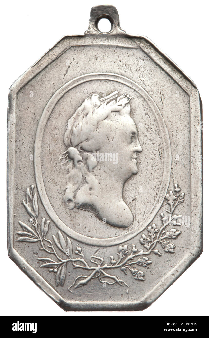 A Russian Medal on the Occasion of Peace with Sweden on 3 August 1790 End of the 18th century. Silver, medallist K. Leberecht. Faded, split at the upper left reverse. Weight ca. 15 g. Rare. historic, historical, medal, decoration, medals, decorations, badge of honour, badge of honor, badges of honour, badges of honor, Additional-Rights-Clearance-Info-Not-Available Stock Photo