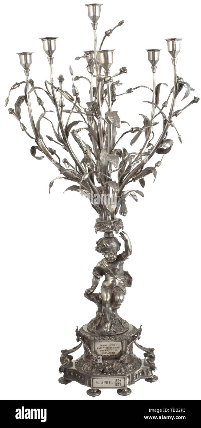 Emperor Franz Joseph I - Empress Elisabeth - a pair of candelabra in the form of magnolias A gift for the silver wedding anniversary of the imperial couple 1879. Fire-silvered brass. Extraordinarily crafted pieces, the seven-branched magnolia candelabra (the leaves pie 19th century, Additional-Rights-Clearance-Info-Not-Available Stock Photo