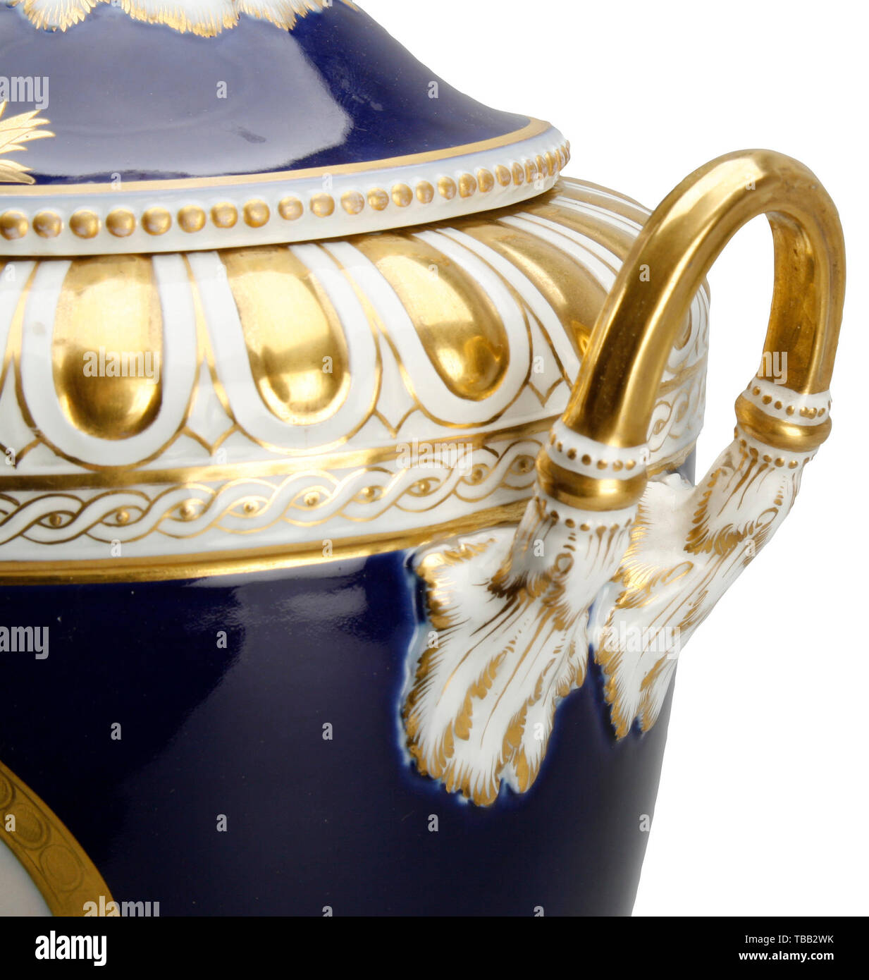 Wilhelm I King of Prussia - a gift vase with lid The vase with city views of Berlin. Cobalt blue background and rich bright gilding. On the exterior two images within gold frames, depicting the equestrian statue of Friedrich II by C.D. Rauch and the Wilhelm Palais Unter den Linden. Associated blue lid with white-gold cones and gold royal crown on both sides. Blue sceptre and penny mark, red orb and gilder's mark. Height 43 cm. KPM mark, Berlin circa 1870. Decorative. Pre-auction viewing in Northern Germany after prior appointment with Hermann His, Additional-Rights-Clearance-Info-Not-Available Stock Photo