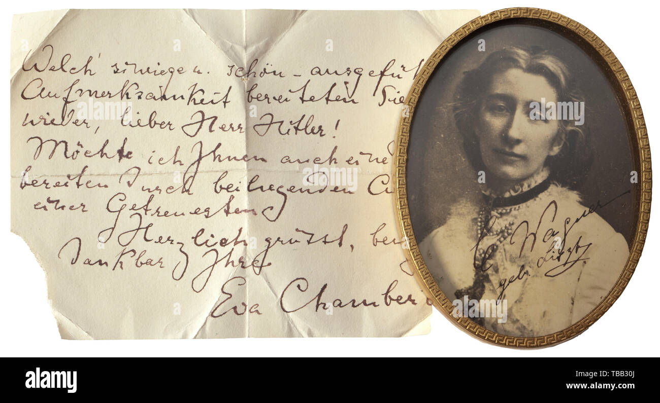 Anny Winter - a photo of Cosima Wagner (1837 - 1930) with signature Oval portrait photo of the Munich court photographer J. Albert with handwritten signature (tr.) 'C. Wagner - née Liszt'. In gilt English metal frame, inscribed 'Moseley.England'. On the back of the photo handwritten dedication of Cosima's daughter Eva, probably to Adolf Hitler, the text cropped and barely legible, but referring to the portrait. With gold-embossed case lined with velvet and silk and featuring a handwritten letter (damaged) from Eva Chamberlain to Hitler: (tr.) 'You really spoil me with your , Editorial-Use-Only Stock Photo