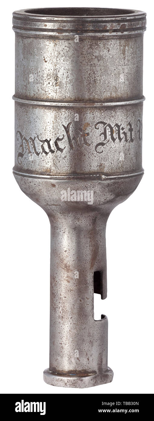 A German mortar top for military muskets, second half of the 18th century One-part forged top with cylindrical, band-enforced grenade cup in cal. 51 mm. Engraved motto on the side 'Macht Mit Uns' (Power with us). Socket with bayonet lock and reinforced edge for barrels of 24 mm diameter. Length 17.6 cm. Extremely rare device which was supposedly used by a grenadier unit. historic, historical, Additional-Rights-Clearance-Info-Not-Available Stock Photo