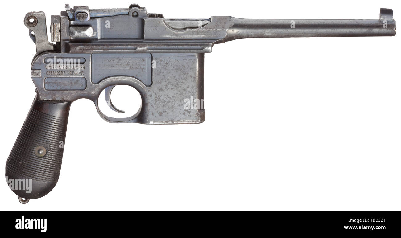 A Mauser C 96, Persian contract Cal. 9 mm Parabellum, no. 154680. Matching numbers. Slightly rough bore. Proof-marked double crown/'U'. Tangent rear sight 50 - 1000 m, underneath no. '204'. On left side of barrel housing Persian acceptance mark (rising sun). Persian coat of arms on grip frame. Apart from that standard inscription on chamber and on right side of grip frame. Original finish with clear signs of usage, stained in places. Small parts with remnants of blue. Hammer etched grey, stained. Matching-numbered walnut grip panels. Lanyard ring, Additional-Rights-Clearance-Info-Not-Available Stock Photo