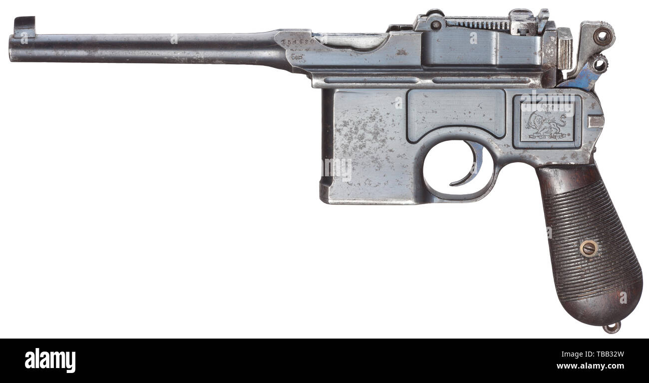 A Mauser C 96, Persian contract Cal. 9 mm Parabellum, no. 154680. Matching numbers. Slightly rough bore. Proof-marked double crown/'U'. Tangent rear sight 50 - 1000 m, underneath no. '204'. On left side of barrel housing Persian acceptance mark (rising sun). Persian coat of arms on grip frame. Apart from that standard inscription on chamber and on right side of grip frame. Original finish with clear signs of usage, stained in places. Small parts with remnants of blue. Hammer etched grey, stained. Matching-numbered walnut grip panels. Lanyard ring, Additional-Rights-Clearance-Info-Not-Available Stock Photo