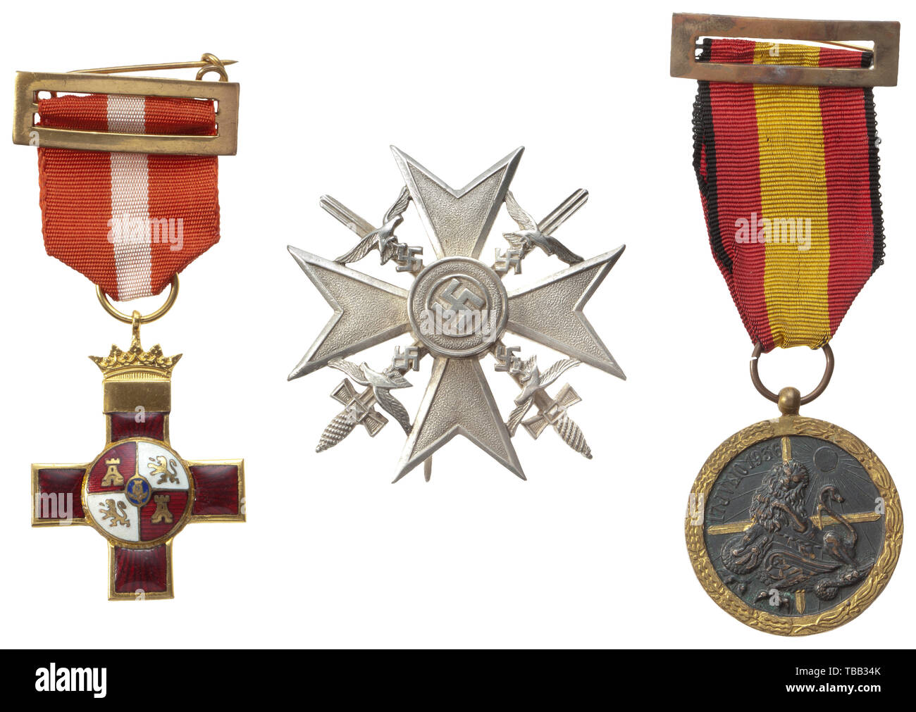 Orders and award documents of Gefreiter Werner Lomberg Spanish Cross in silver with Swords, '900' hallmarked, unpunched Juncker production. Included is the award document dated 6 June 1939 with blind-stamped seal and facsimile Hitler signature. Also, a Spanish Campaign Medal and a Knight's Cross of the Military Merit Order, red division, and for each the coloured decorative award documents dated 30 September 1938. Together with a participant's document for the Luftwaffe exercises of 3./Flak-Regiment 13 on the island of Rügen 1936/37 with a handwritten list of names. The doc, Editorial-Use-Only Stock Photo