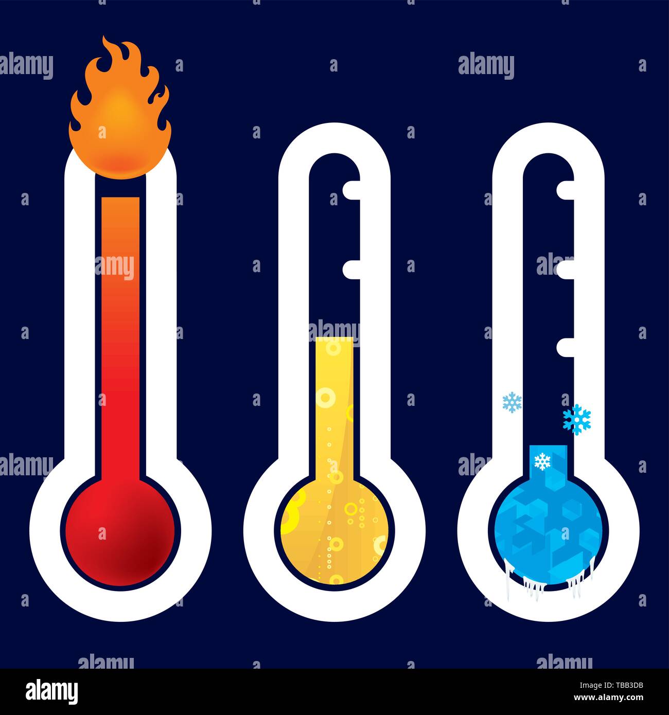 Vector illustration. Thermometer icon in three circumstances. Hot, warm cold Stock Vector