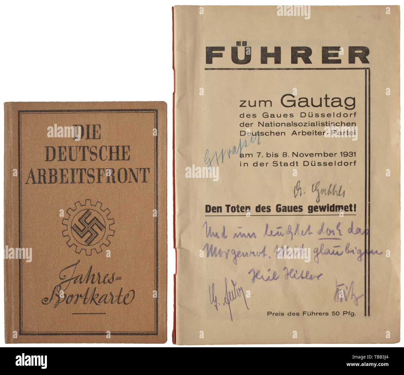 Friedrich-Karl Florian - a guide for the Gau Day in Düsseldorf 1931 with signatures of Goebbels, Feder and Strasser On the envelope the original signatures of Joseph Goebbels, Gregor Strasser and Gottfried Feder (party theoretician of the NSDAP) with quote (tr.) 'And yet, the sun rises upon us. With a faithful Heil Hitler'. With an annual sports pass of the DAF for Florian, with original signature and glued passport photo (in Gauleiter uniform). historic, historical, 20th century, 1930s, NS, National Socialism, Nazism, Third Reich, German Reich, Germany, German, National So, Editorial-Use-Only Stock Photo