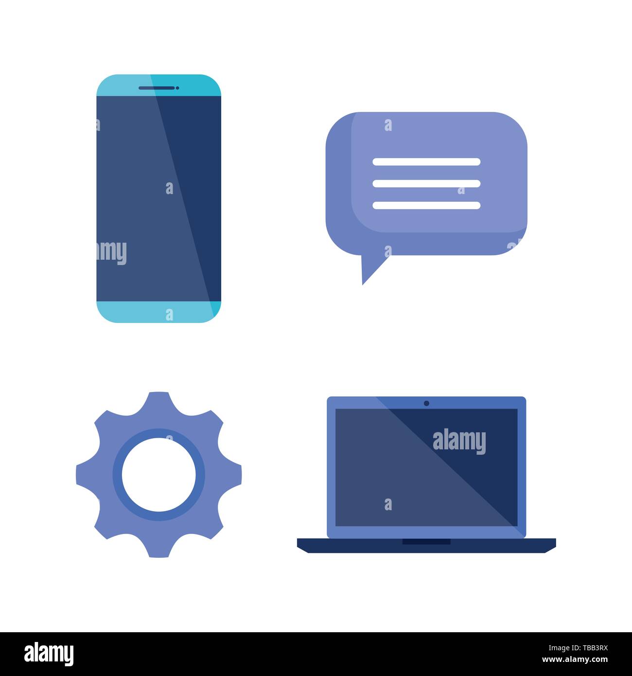 set of smartphone technology with chat bubble and gear with laptop ...