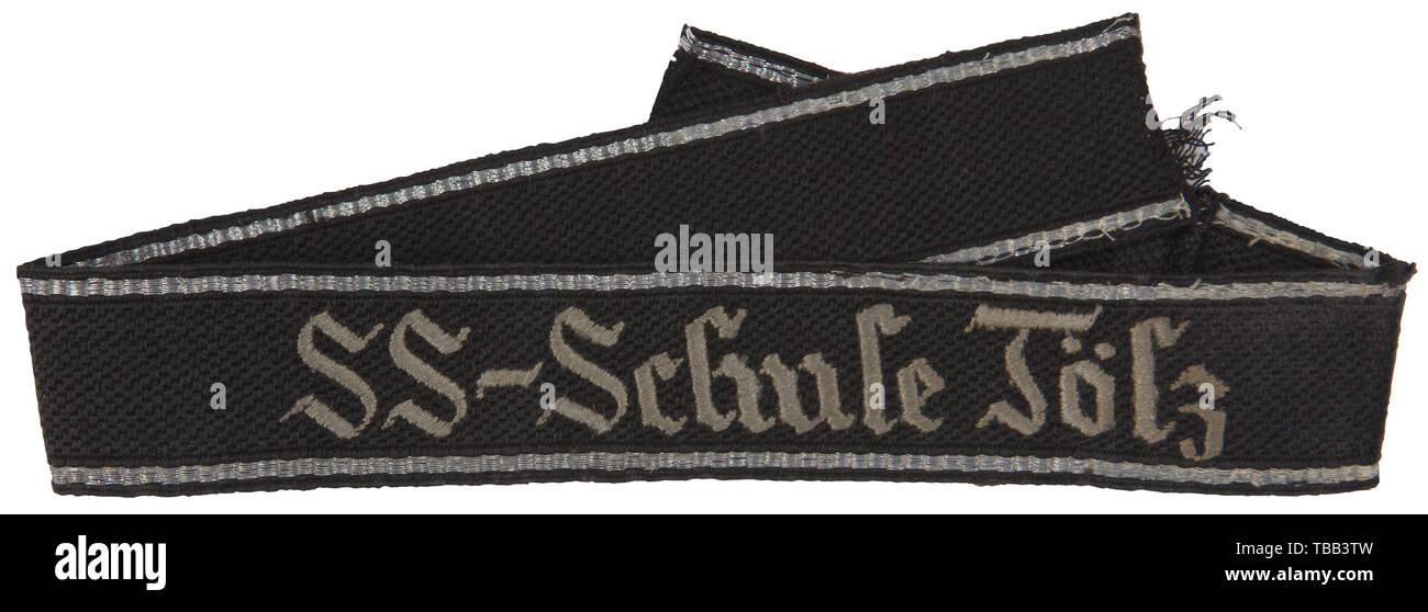 A cuff tigle 'SS-Schule Tölz' for enlisted men RZM-type, machine-embroidered, silver-grey thread inscription, top/bottom edges bordered with silver/aluminium flat wire threads. Length 40 cm (6 cm added to left end). USA-Los historic, historical, 20th century, 1930s, 1940s, Waffen-SS, armed division of the SS, armed service, armed services, NS, National Socialism, Nazism, Third Reich, German Reich, Germany, military, militaria, utensil, piece of equipment, utensils, object, objects, stills, clipping, clippings, cut out, cut-out, cut-outs, fascism, fascistic, National Sociali, Editorial-Use-Only Stock Photo