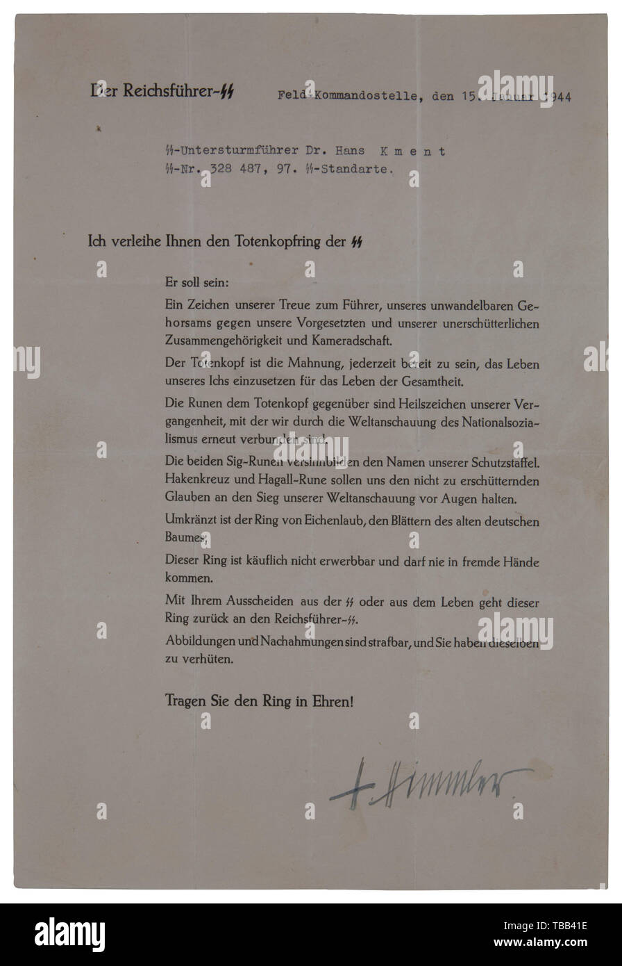 An SS honour ring document Type III, hand-signed by Reichsführer SS Heinrich Himmler, awarded 15 January 1944, 'SS-Untersturmführer Dr. Hans Kment, SS-Nr. 328 487, 97.SS-Standarte'. Size 30 x 21 cm. Cream colour paper, several fine folds. Dr. Hans Kment was a physician with WW I experience as an Oberleutnant and fought in the Kradschützen Regiment of 'Das Reich' during WW II. USA-lot, see page 5. historic, historical, 20th century, 1930s, 1940s, Waffen-SS, armed division of the SS, armed service, armed services, NS, National Socialism, Nazism, Third Reich, German Reich, Ger, Editorial-Use-Only Stock Photo