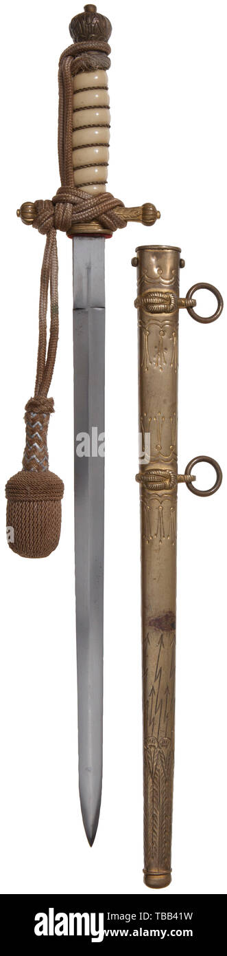 A long model 1929 (first pattern) German navy dagger Brass fittings, wave pommel, 1929 crossguard, lightning bolt scabbard. Celluloid over wood grip. Plain centre ridge blade. Gold toned portepee. Cf. Hermann Hampe/Vic Diehl, Deutsche Marinedolche, 2009, pg 248 - 253. Length 45 cm. Rare in this length. Provenance: Vic Diehl Collection. USA - Los historic, historical, 20th century, Additional-Rights-Clearance-Info-Not-Available Stock Photo