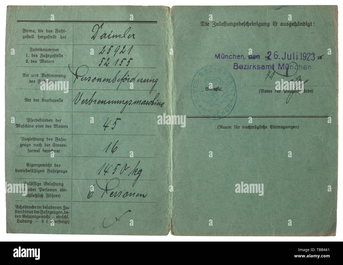 Hermann Göring - a motor vehicle registration certificate of the car he used in Munich with the licence number 'II B - 2809' The registration document issued on 24 July 1923 at the Munich district office. With signature of the administrative clerk and official seal. The letter issued to 'Herrn Herm. Wilh. Göring, Hauptmann a.D.' in 'Neulustheim, Obermenzing, Reginbaldstraße'. Vehicle type 'Daimler', licensed for six persons, engine power of 45 hp. In the summer of 1921, Hermann and Carin Göring moved from Sweden to Munich-Obermenzing. They bought a house in the Reginbaldstr, Editorial-Use-Only Stock Photo