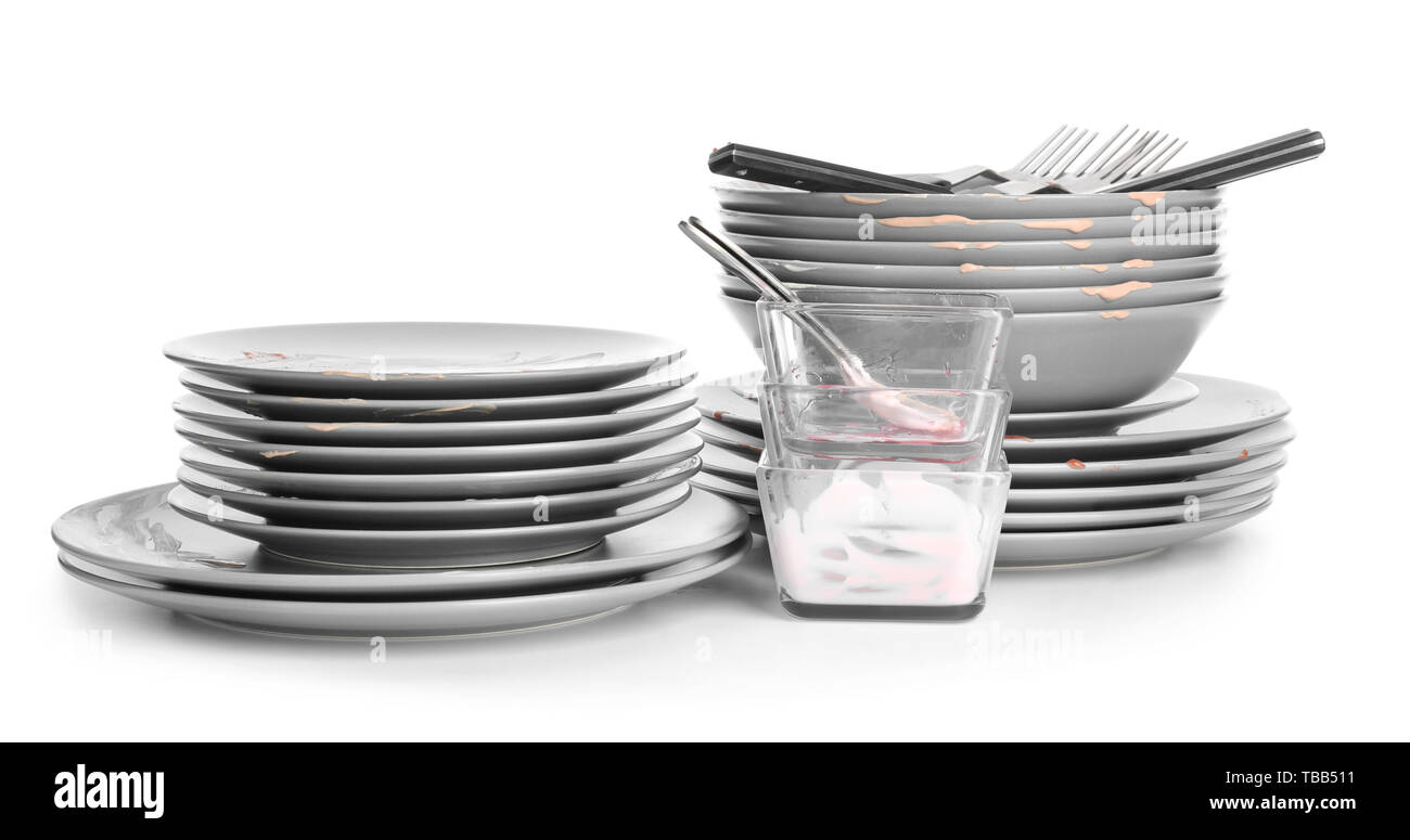 Set of dirty dishes on white background Stock Photo