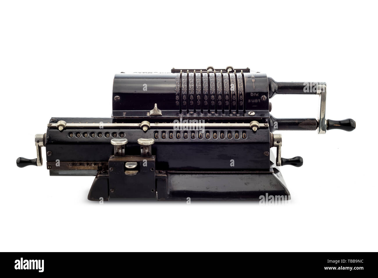 Ancient pinwheel mechanical calculator.The calculating machine, is a mechanical device used to perform automatically the basic operations of arithmeti Stock Photo