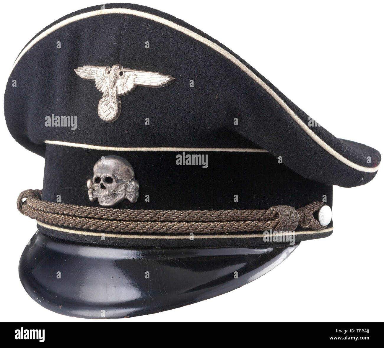 THE JOHN PEPERA COLLECTION, A Visor Hat for Officers of the Allgemeine SS, Fine black wool top, black velvet center band, white wool piping. Silvered insignia, toned silver wire chin cords retained by aluminum pebbled side buttons, black lacquered visor, underside stamped with 'SS RZM'. Black silk lining, intact moisture shield with paper size tag ink stamped '57'. Black 'TUCHMÜTZE' oil cloth RZM tag under brown leather sweatband., Editorial-Use-Only Stock Photo