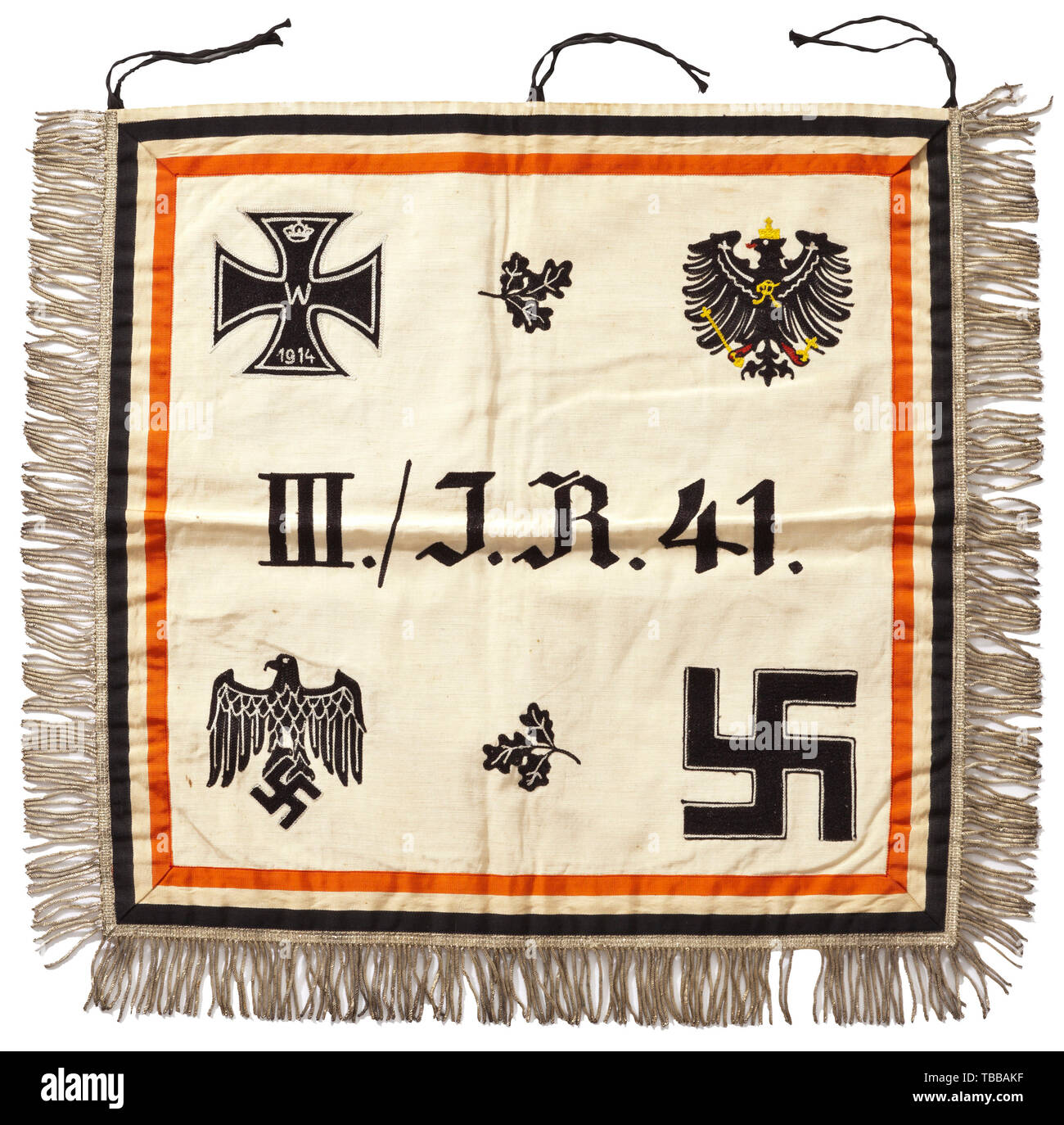 A trumpet and drum hanging of the Kyffhäuser-Bund, Infantry Regiment No. 41, Light silk cloth trimmed in black-white-red rep ribbon, both sides with rich chain stitched embroidery in black, white, yellow and red, silver fringe on three sides. The obverse bears the inscription 'III./I.R.41.' (III Battalion IR 41 stationed in Oberpfalz), encircled by Iron Crosses, oak leaves, Prussian and army eagles as well as the swastika, the reverse with the crest of the Kyffhäuser-Bund. Dimensions circa 50 x 50 cm. Also included is a drum hanging of the same unit in fine grey felt (black, Editorial-Use-Only Stock Photo