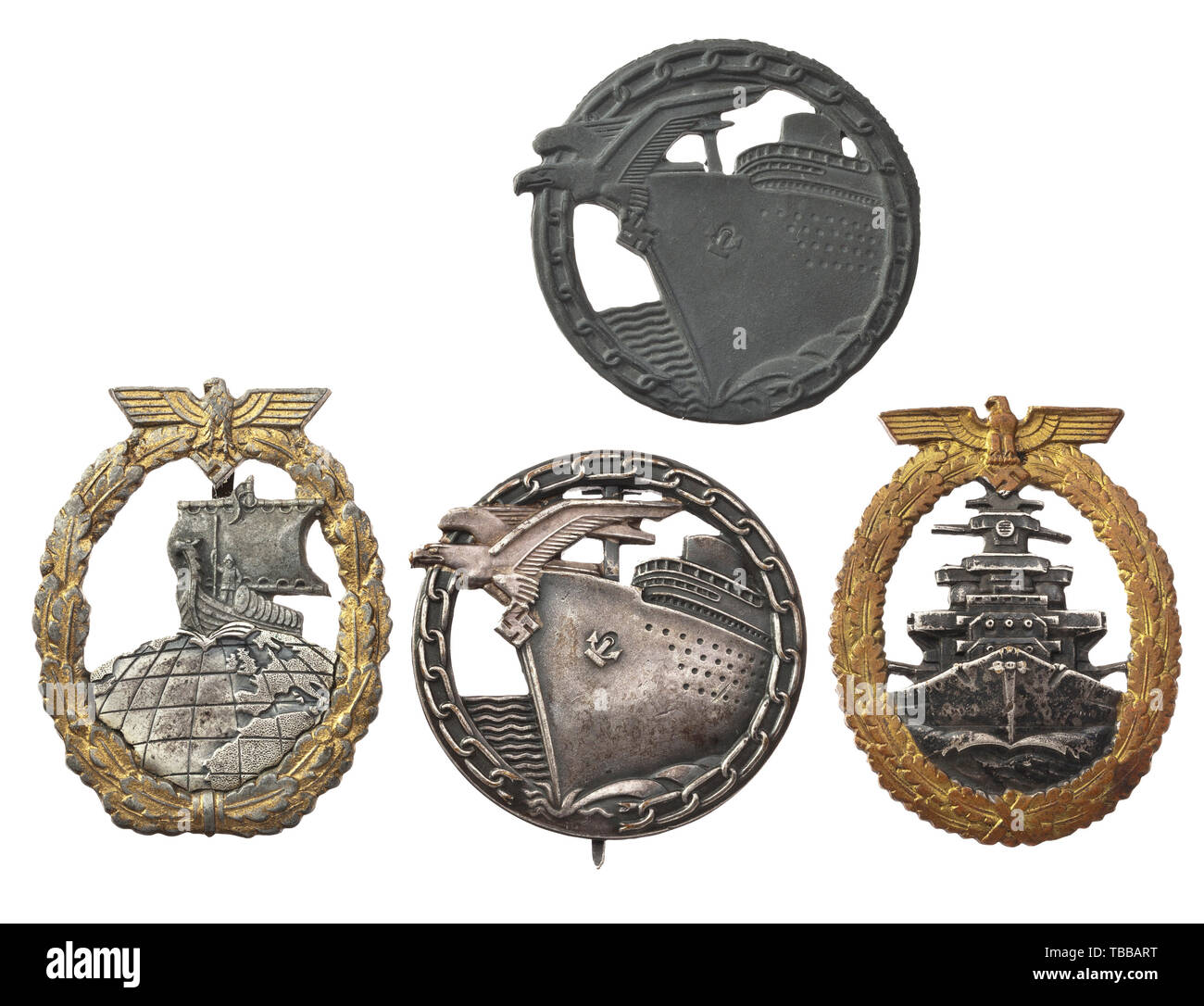Four Marine war badges - auxiliary cruiser, blockade runner etc, High Sea Fleet Badge of maker 'SCHWERIN BERLIN' in non-ferrous metal. Auxiliary Cruiser War Badge of maker Steinhauer & Lück in Lüdenscheid made of zinc (type 4) with riveted globe and wide pin. Width 44 mm. Weight 27.8 g. Blockade Runner War Badge made by 'SCHWERIN' in non-ferrous metal as well as a further, thin, unfinished example without pin system. historic, historical 20th century, Editorial-Use-Only Stock Photo