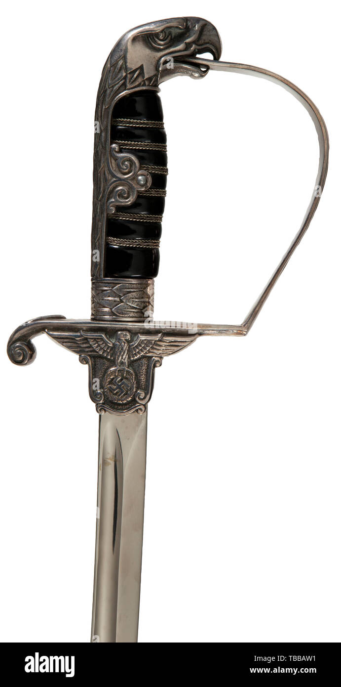 THE JOHN PEPERA COLLECTION, A Saber for Justice Official, Carl Eickhorn, Solingen, Slightly curved plated blade with Carl Eickhorn manufacturer's logo stamped in reverse ricasso. Silvered brass eagle hilt depicting large national emblem with outstretched wings. Back strap, knuckle bow and ferrule depict overlapping feather design. Black celluloid grip with triple wire wrap. Black lacquered steel scabbard retains 95% finish with a movable attachment ring. Length 90 cm., Editorial-Use-Only Stock Photo