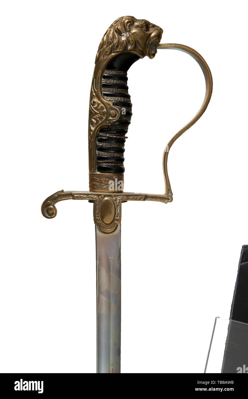 THE JOHN PEPERA COLLECTION, A Saber for Army Officer, E. & F. Horster, Solingen, Slightly curved plated blade with manufacturer's logo stamped in obverse ricasso. Service worn gilded brass lion head hilt with red glass eyes. Obverse langet depicting national eagle with outstretched wings. Back strap, knuckle bow and ferrule decorated with oakleaf pattern. Black celluloid grip with damaged triple brass wire wrap. Black lacquered steel scabbard retains 80% finish with movable attachment ring. Length 94 cm., Editorial-Use-Only Stock Photo