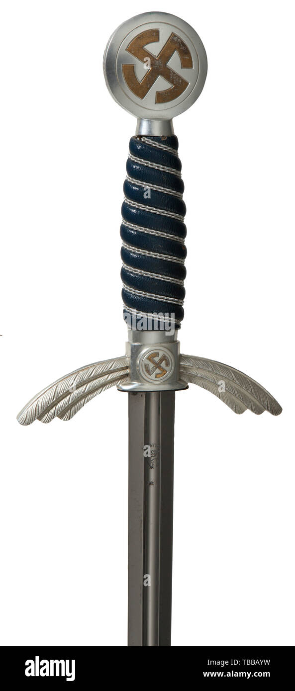 THE JOHN PEPERA COLLECTION, A Sword M 35 for Luftwaffe Officer, SMF, Solingen, Plated blade with manufacturer's logo and Waffenamt acceptance stamp on reverse. Blue leather wrapped grip with dual aluminium wire wrap. Aluminium hilt with faded gilt sun wheel swastikas. Blue leather covered scabbard with aluminium fittings and crescent hanger. Length approx. 93 cm., Editorial-Use-Only Stock Photo