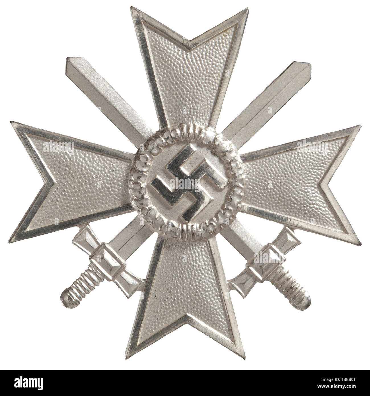 THE JOHN PEPERA COLLECTION, A War Merit Cross 1st Class with its Award Presentation Case, With swords. Non-ferrous metal silver plated, straight pin unmarked. Complete with a black leatherette presentation case with facsimile on lid., Editorial-Use-Only Stock Photo